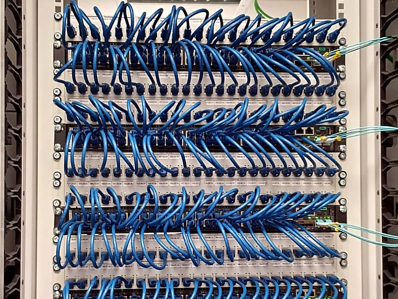 Neatly patched blue Cat6 cables on patch panels in a network rack cabinet