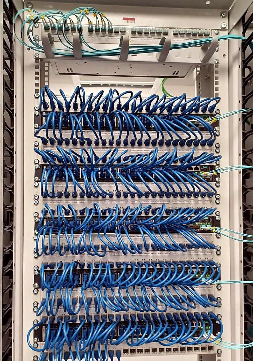 Neatly patched blue Cat6 cables on patch panels in a network rack cabinet